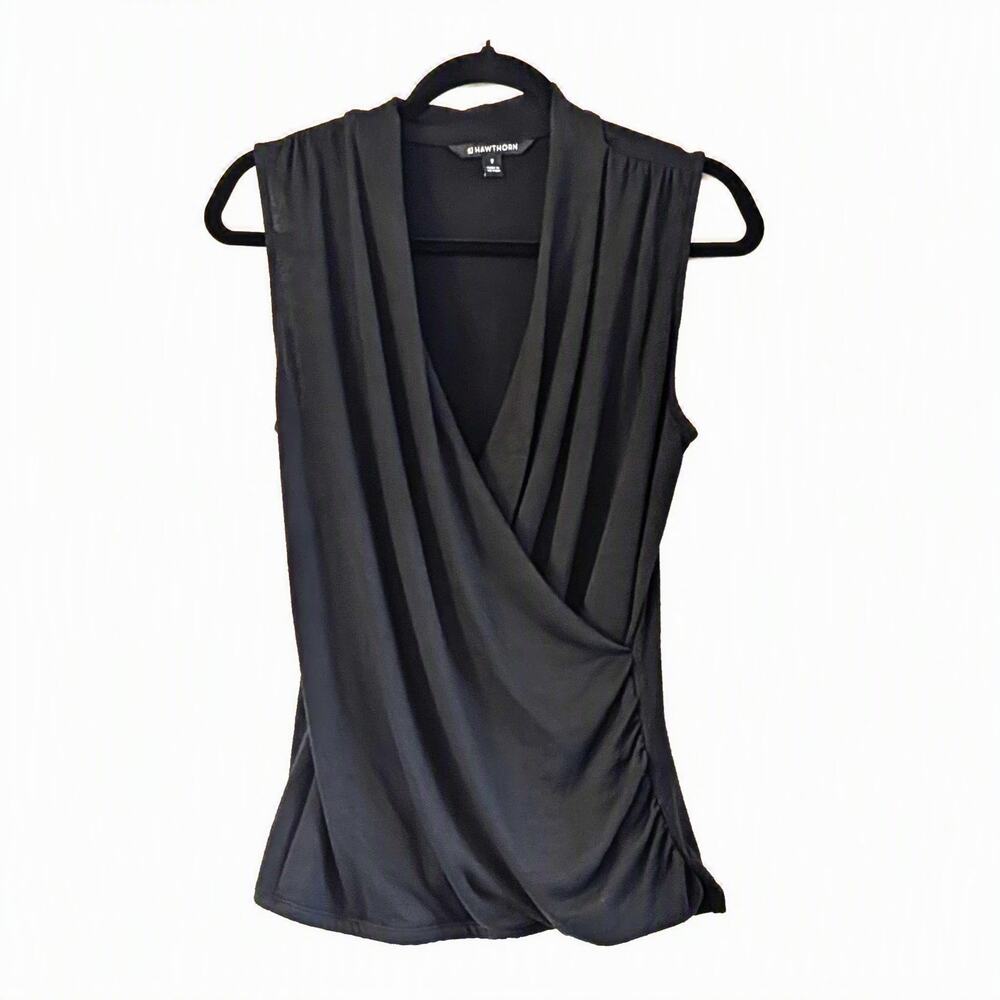 41 Hawthorn Black Sleeveless Knit Blouse Top M Faux Wrap Surplice neckline